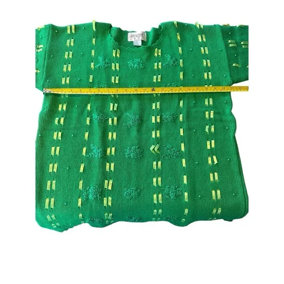 Cervelle Green Crochet Trim Whimsical Knit Sweater Ribbon Embroidered Floral L - Picture 8 of 15